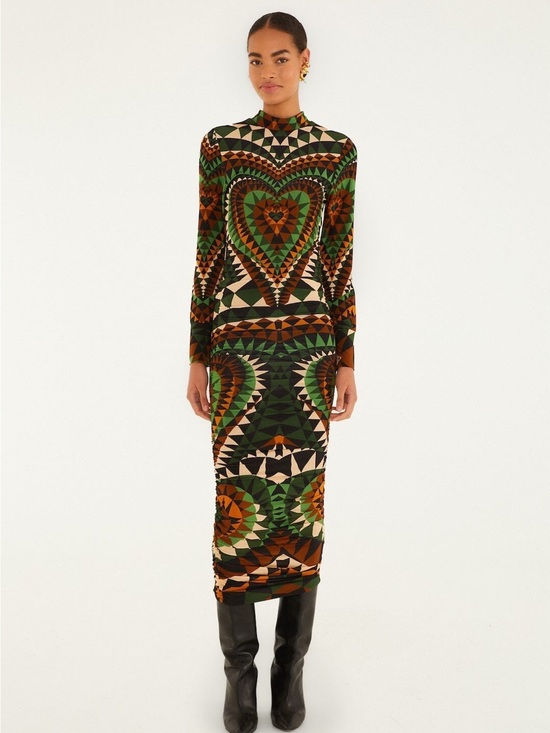FARM Rio Dresses & Skirts - Multicolor Heart Deco Long Sleeve Jersey Midi Dress